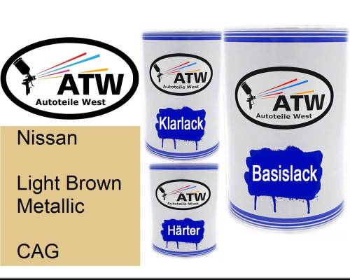 Nissan, Light Brown Metallic, CAG: 500ml Lackdose + 500ml Klarlack + 250ml Härter - Set, von ATW Autoteile West.